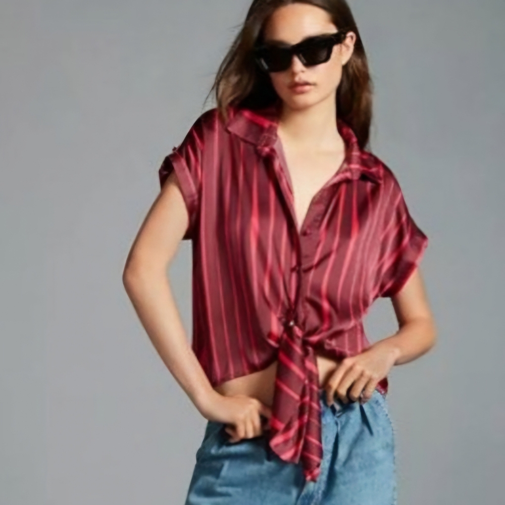 Anthropologie Hutch Henley Red Tie Waist Satin Top Shirt Short Sleeve Striped L